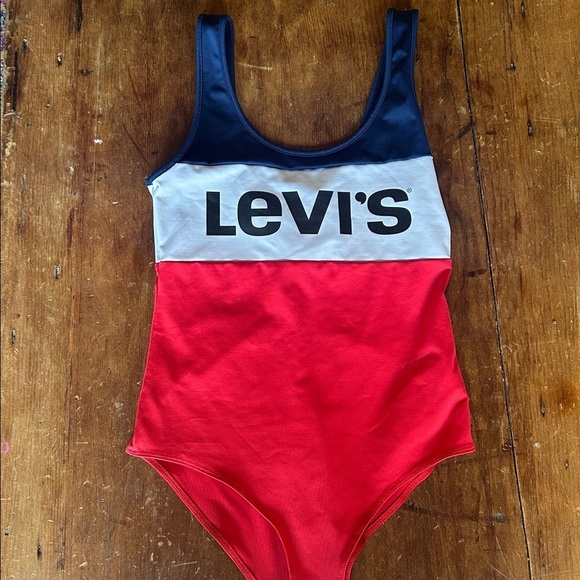 Levi's Tops - Small Levi’s Colorblock Logo Bodysuit Red White Blue Stretch One-Piece
